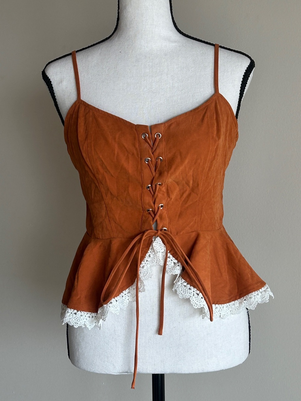 Cider Rust Orange Lace-Up Corset Peplum Cami with Lace Trim Small